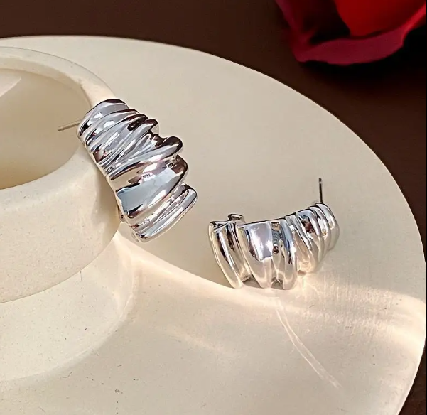 Teulrip Unique Style Wrinkle Irregular Geometric White Plated C-Shaped Wave Pleated Stud Earrings  Trendy Jewelry for Girls & Women