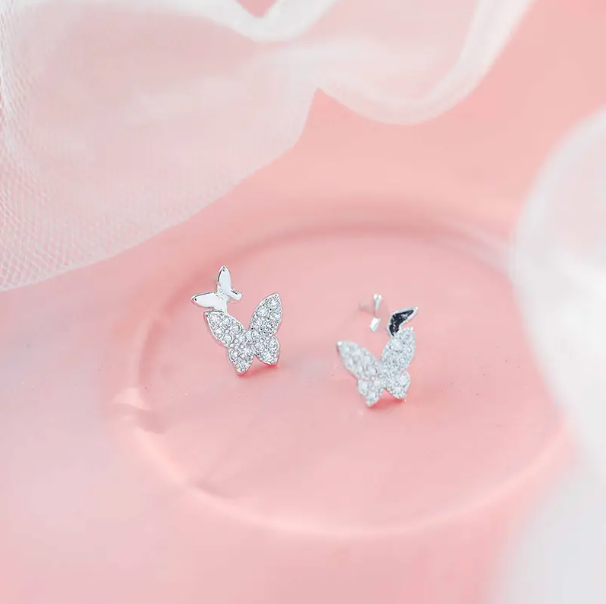 Teulrip Two Butterfly Diamond Stud Earrings  Mini Crystal Earrings for Girls & Women