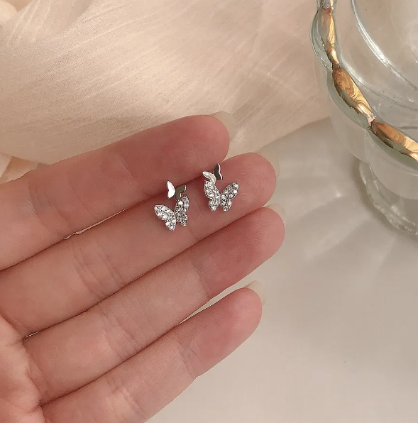 Teulrip Two Butterfly Diamond Stud Earrings  Mini Crystal Earrings for Girls & Women