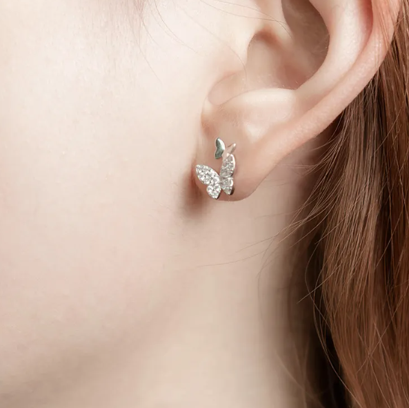 Teulrip Two Butterfly Diamond Stud Earrings Mini Crystal Earrings for Girls & Women