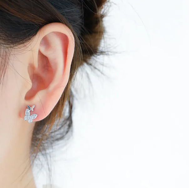 Teulrip Two Butterfly Diamond Stud Earrings  Mini Crystal Earrings for Girls & Women