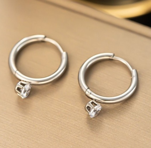 Teulrip Small Diamonds Stud, Temperament Silver Titanium Steel Hoop Earrings for Girls & Women