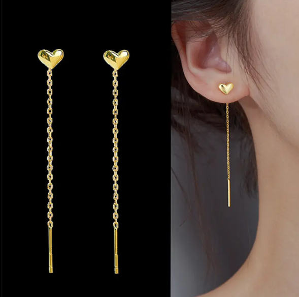 Teulrip Korean Long Valentine Heart-Shaped Ball Titanium Steel Wire Long Ear Line Earrings for Girls & Women
