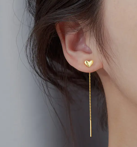 Teulrip Korean Long Valentine Heart-Shaped Ball Titanium Steel Wire Long Ear Line Earrings for Girls & Women