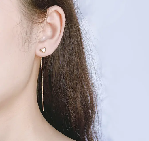 Teulrip Korean Long Valentine Heart-Shaped Ball Titanium Steel Wire Long Ear Line Earrings for Girls & Women