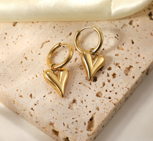 Teulrip New Luxury Trendy Gold Plated Stainless Steel Valentine Heart Love Pendant Hoop Earrings for Girls & Women