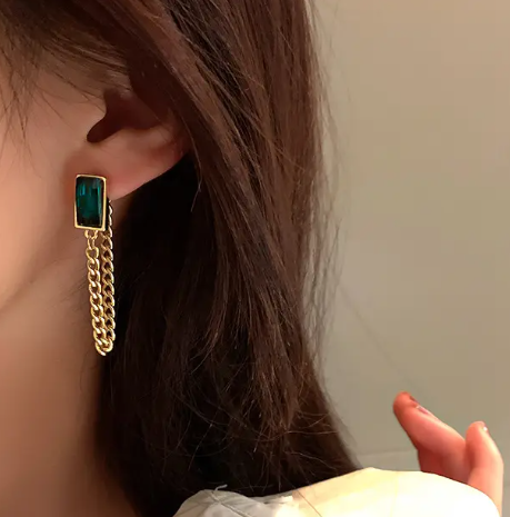 Teulrip Waterproof Stainless Steel Cuban Chain Earrings Elegant Green Stone Jewelry for Girls & Women Stylish & Durable Accessory