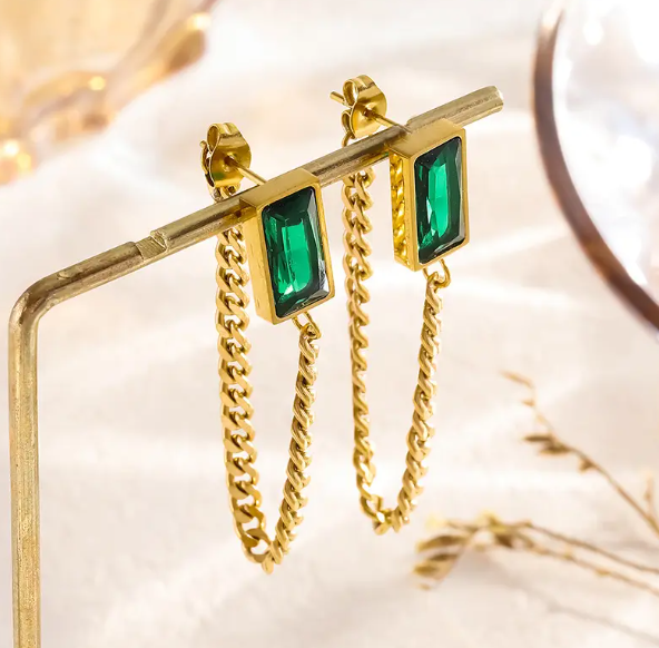Teulrip Waterproof Stainless Steel Cuban Chain Earrings  Elegant Green Stone Jewelry for Girls & Women Stylish & Durable Accessory