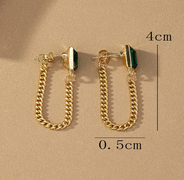 Teulrip Waterproof Stainless Steel Cuban Chain Earrings  Elegant Green Stone Jewelry for Girls & Women Stylish & Durable Accessory