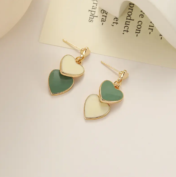 Teulrip Korean Double Heart Green Drop Earrings  Stylish Earrings for Girls & Women