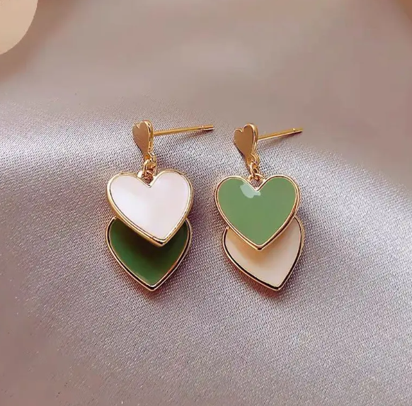 Teulrip Korean Double Heart Green Drop Earrings  Stylish Earrings for Girls & Women