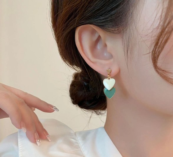 Teulrip Korean Double Heart Green Drop Earrings Stylish Earrings for Girls & Women