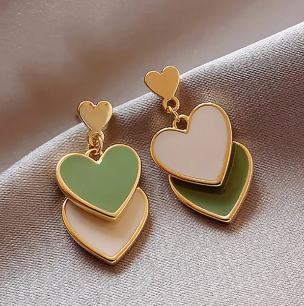 Teulrip Korean Double Heart Green Drop Earrings  Stylish Earrings for Girls & Women