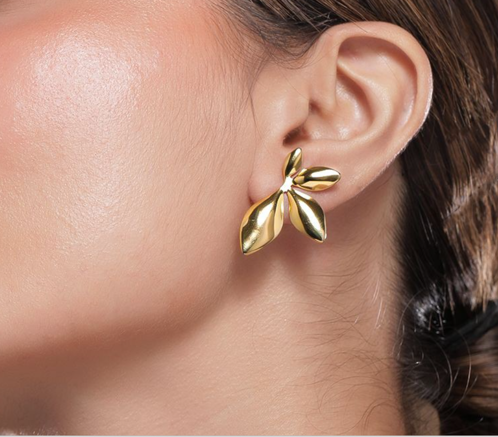 Teulrip Leaf Flower Earrings Gold Plated Stainless Steel Petal Half Flower Stud Earrings for Girls & Women