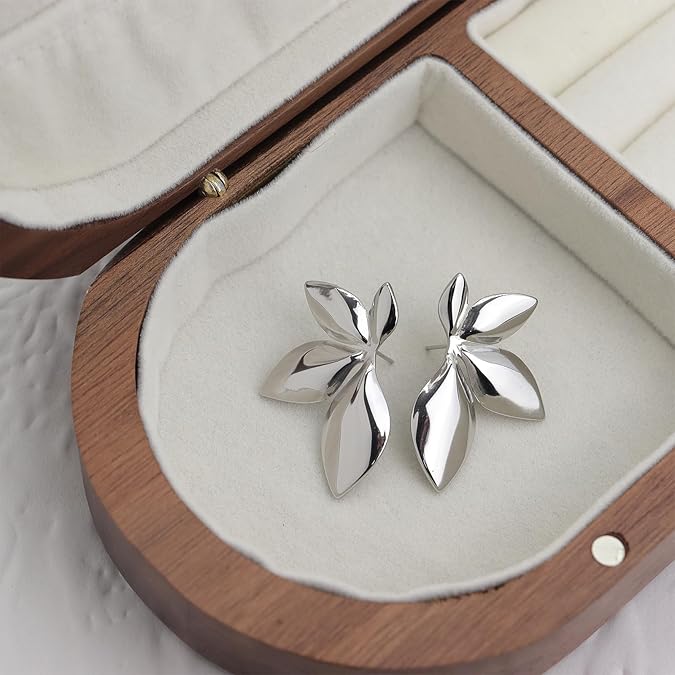 Teulrip Chunky Silver Petal Flower Stud Earrings  Trendy Stainless Steel Geometric Earrings for Girls & Women