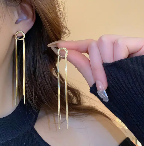 Teulrip Silver Needle Fashion Women Gold Plating Link Long Chain Tassel Earrings Personality Design for Girls & Women