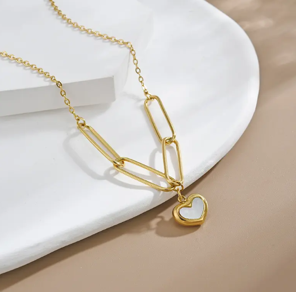 TEULRIP Fashionable & Chunky Stainless Steel -Paper Clip Chain -White Shell Heart Pendant Choker Necklace for Girls & Women