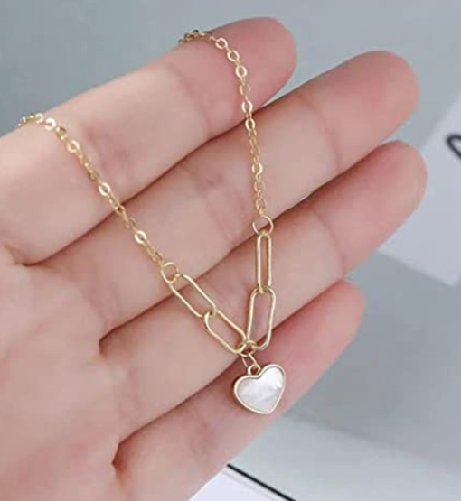 TEULRIP Fashionable & Chunky Stainless Steel -Paper Clip Chain -White Shell Heart Pendant Choker Necklace for Girls & Women