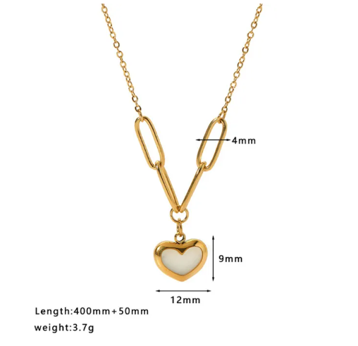 TEULRIP Fashionable & Chunky Stainless Steel -Paper Clip Chain -White Shell Heart Pendant Choker Necklace for Girls & Women