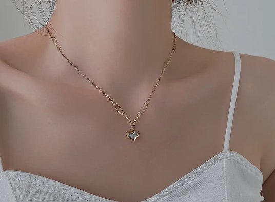 TEULRIP Fashionable & Chunky Stainless Steel -Paper Clip Chain -White Shell Heart Pendant Choker Necklace for Girls & Women