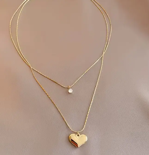 TEULRIP Double Layer Chain Charm Necklace Gold Plated Stainless Steel- Heart Pendant with Cubic Zirconia Stone for Girls & Women