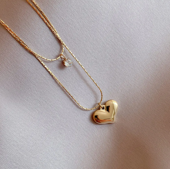 TEULRIP Double Layer Chain Charm Necklace Gold Plated Stainless Steel- Heart Pendant with Cubic Zirconia Stone for Girls & Women