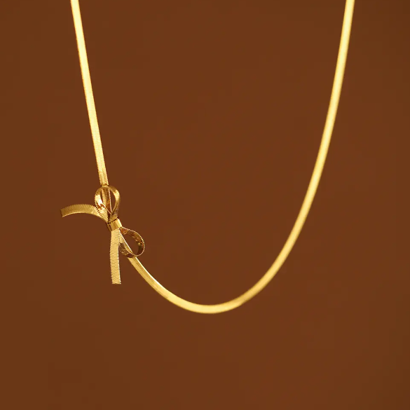 TEULRIP Gold-Plated Stainless Steel Bow Knot Pendant Snake Chain Choker Necklace Elegant Jewelry for Girls & Women