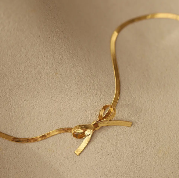 TEULRIP Gold-Plated Stainless Steel Bow Knot Pendant Snake Chain Choker Necklace Elegant Jewelry for Girls & Women