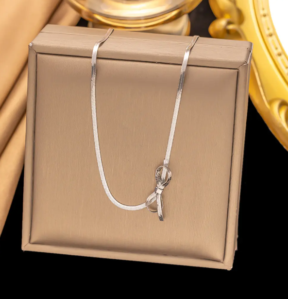 TEULRIP Fashionable Stylish Bow Choker Stainless Steel Snake Chain Necklace for Girls & Women