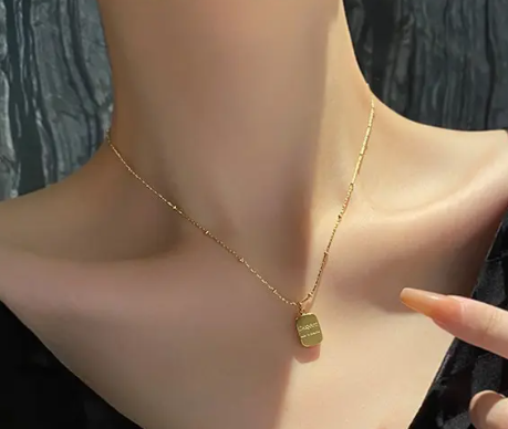 TEULRIP Gold-Plated Square & Round Beaded Letters Necklace Titanium Steel Personalized Jewelry for Girls & Women