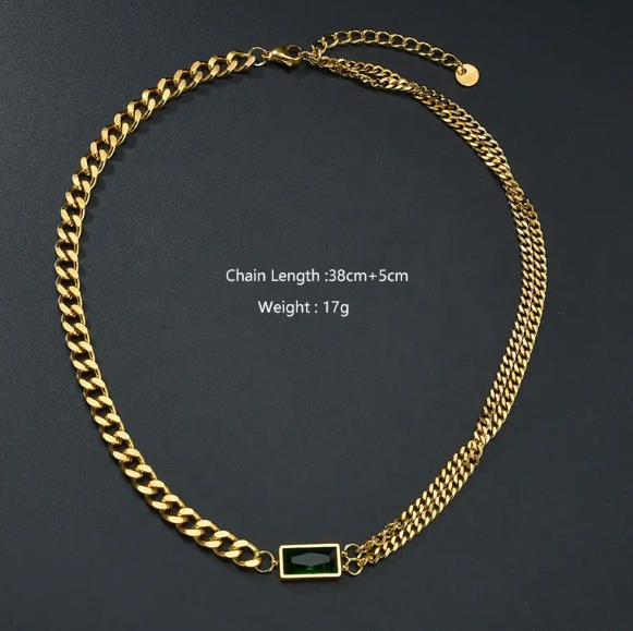 TEULRIP Stainless Steel Geometric Square Green Crystal Pendant Necklace for Girls & Women – Non-Fading Chain Jewelry Gift