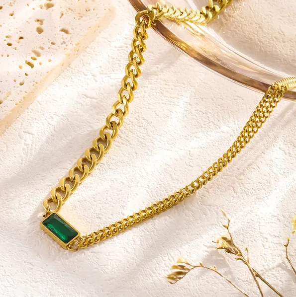 TEULRIP Stainless Steel Geometric Square Green Crystal Pendant Necklace for Girls & Women – Non-Fading Chain Jewelry Gift