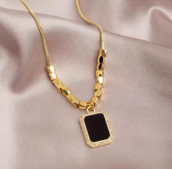 TEULRIP Black Block Pendant with Gold Beaded Snake Chain – Stainless Steel Necklace for Girls & Women