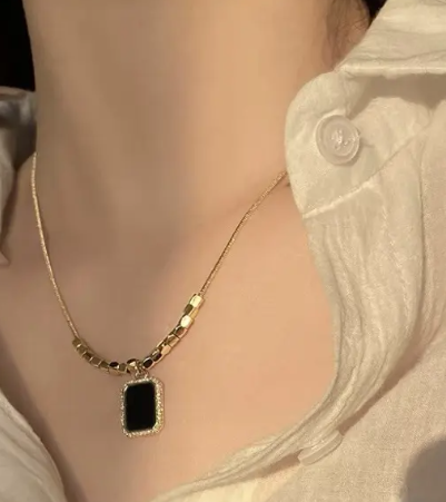 TEULRIP Black Block Pendant with Gold Beaded Snake Chain – Stainless Steel Necklace for Girls & Women