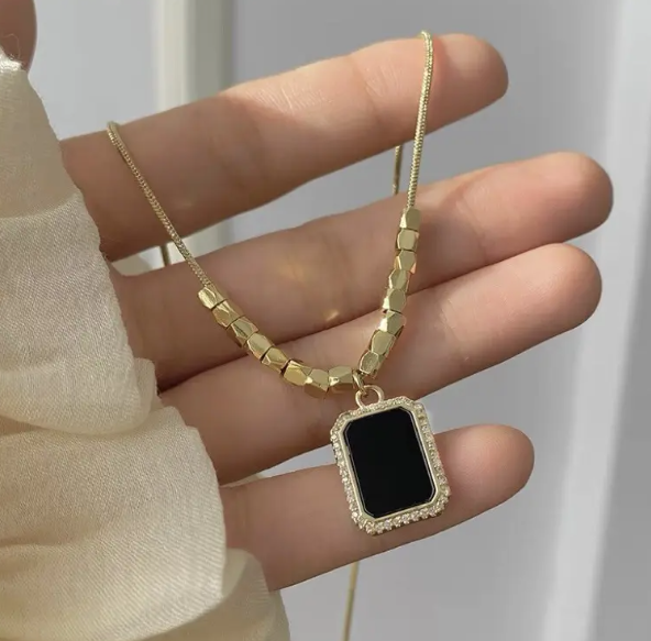 TEULRIP Black Block Pendant with Gold Beaded Snake Chain – Stainless Steel Necklace for Girls & Women