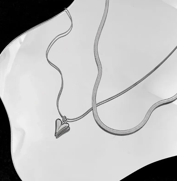 TEULRIP Stainless Steel Double-Layer Flat Stacked Snake Chain Necklace, Valentine Love Pendant for Girls & Women