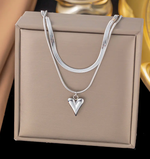 TEULRIP Stainless Steel Double-Layer Flat Stacked Snake Chain Necklace, Valentine Love Pendant for Girls & Women