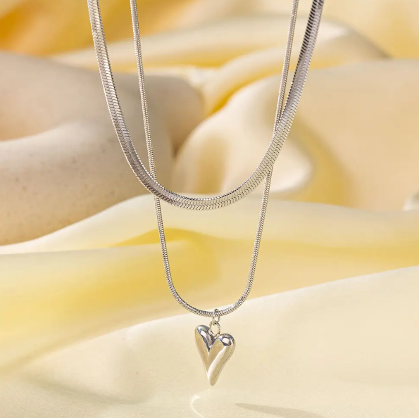 TEULRIP Stainless Steel Double-Layer Flat Stacked Snake Chain Necklace, Valentine Love Pendant for Girls & Women