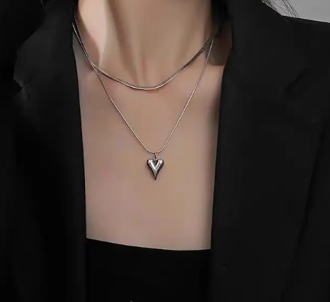 TEULRIP Stainless Steel Double-Layer Flat Stacked Snake Chain Necklace, Valentine Love Pendant for Girls & Women