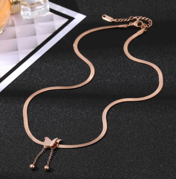 TEULRIP Rose Gold Stainless Steel Flat Snake Chain -Matting Butterfly Long Tassel Necklace for Girls & Women