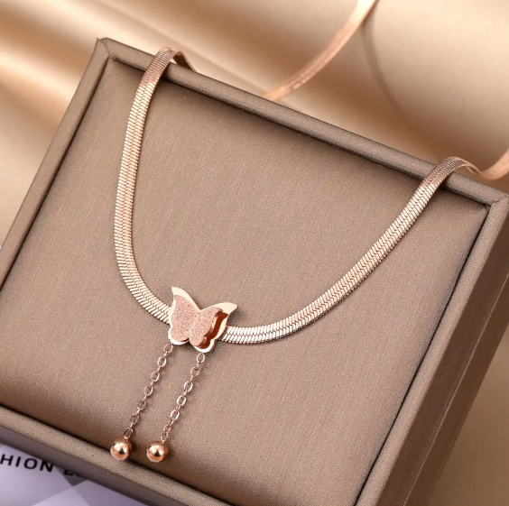 TEULRIP Rose Gold Stainless Steel Flat Snake Chain -Matting Butterfly Long Tassel Necklace for Girls & Women