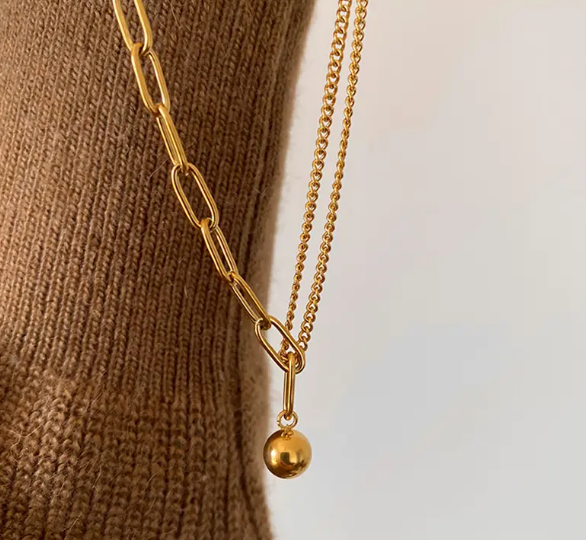 TEULRIP New Temperament Double Layer Clavicle Chain Titanium Steel Necklace with Ball Pendant for Girls & Women