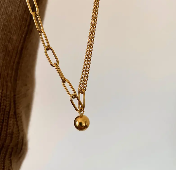 TEULRIP New Temperament Double Layer Clavicle Chain Titanium Steel Necklace with Ball Pendant for Girls & Women