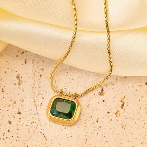 TEULRIP Anti Tarnish Waterproof Stainless Steel Snake Chain Necklace Gold Plated Green Stone Cubic Zirconia Pendant for Girls & Women
