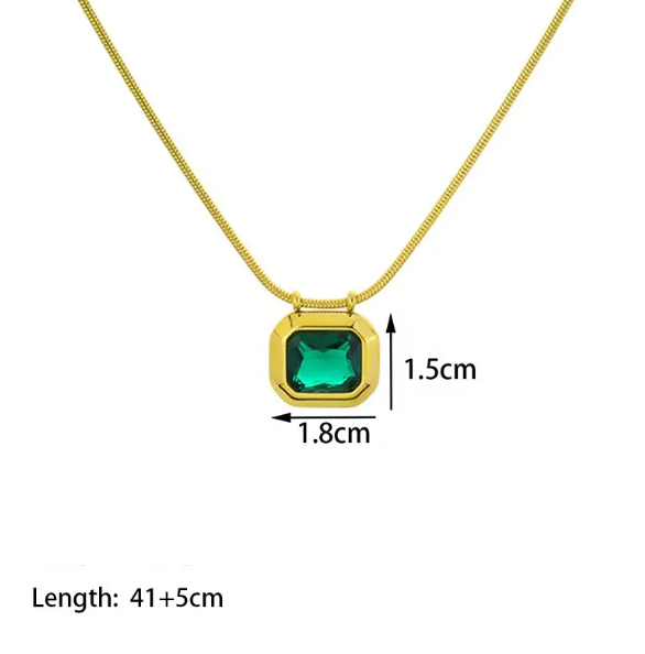 TEULRIP Anti Tarnish Waterproof Stainless Steel Snake Chain Necklace Gold Plated Green Stone Cubic Zirconia Pendant for Girls & Women