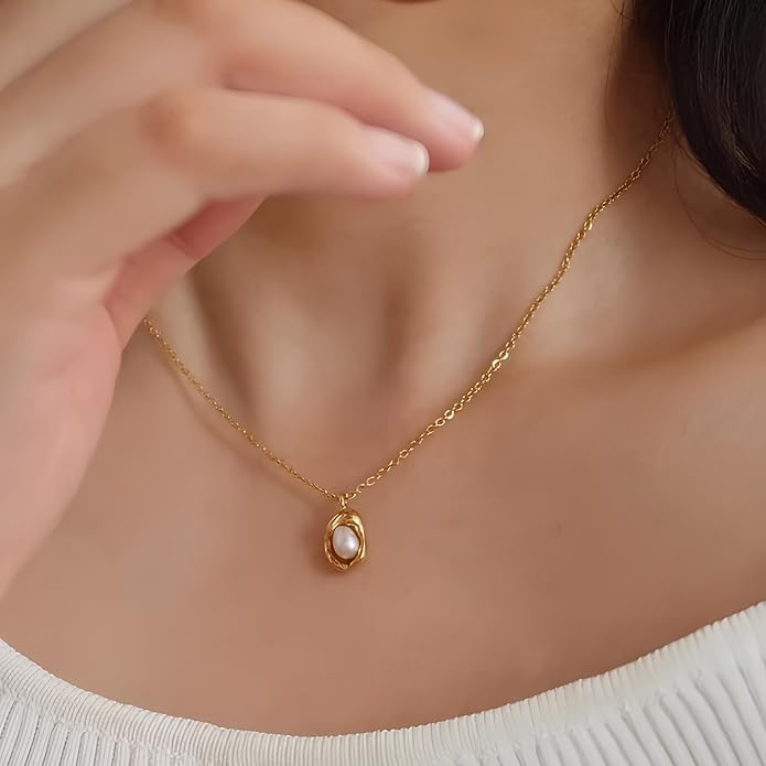 TEULRIP Dainty Gold Plated with Irregular Pearl Pendant Fashion Necklace for Girls & Women