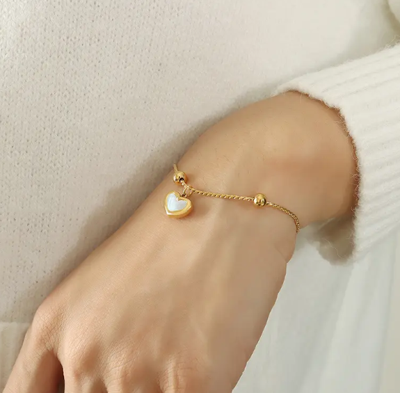 TEULRIP Anti Tarnish White Shell Peach Heart Love Charm Bracelet, Waterproof Stainless Steel Pull Buckle Bracelet for Girls & Women