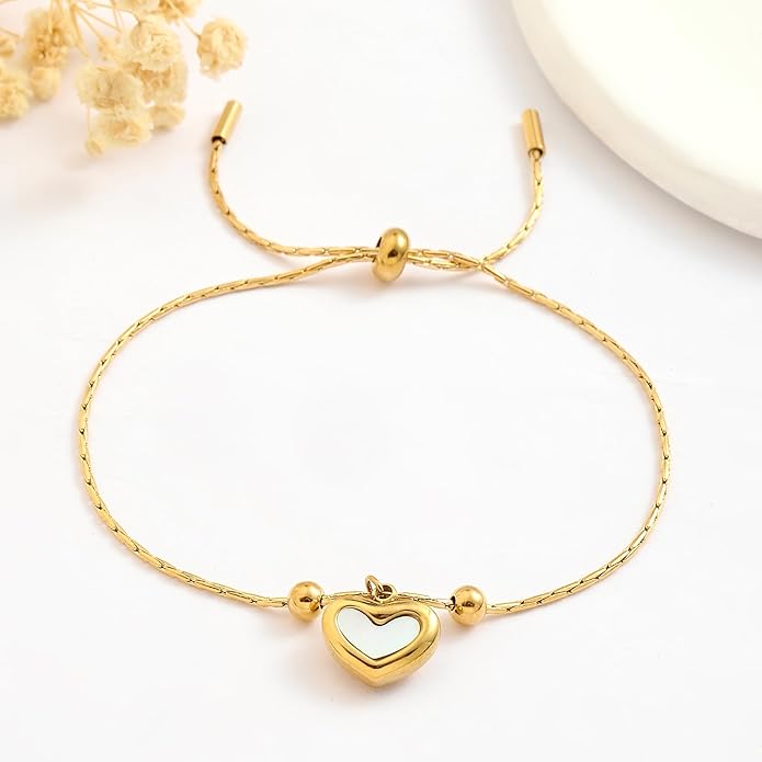 TEULRIP Anti Tarnish White Shell Peach Heart Love Charm Bracelet, Waterproof Stainless Steel Pull Buckle Bracelet for Girls & Women