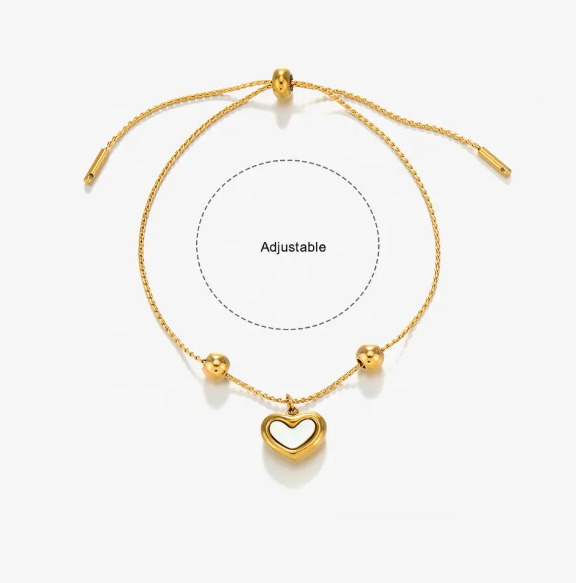 TEULRIP Anti Tarnish White Shell Peach Heart Love Charm Bracelet, Waterproof Stainless Steel Pull Buckle Bracelet for Girls & Women
