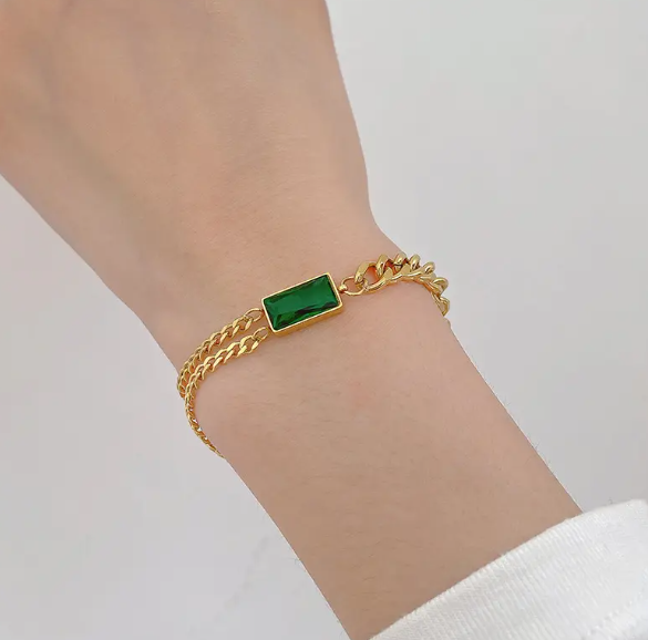 TEULRIP Anti Tarnish- Stainless Steel Green Diamond Cuban Chain Bracelet – Trendy & Durable Jewelry for Girls & Women